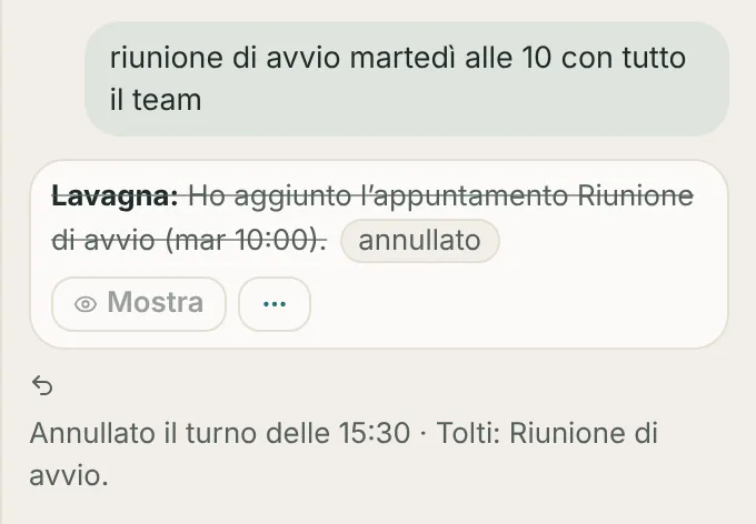 Nella chat, la frase sulla riunione di avvio, la sua ricevuta barrata con il segno «annullato» e sotto la riga «Annullato il turno delle 15:30 · Tolti: Riunione di avvio.»