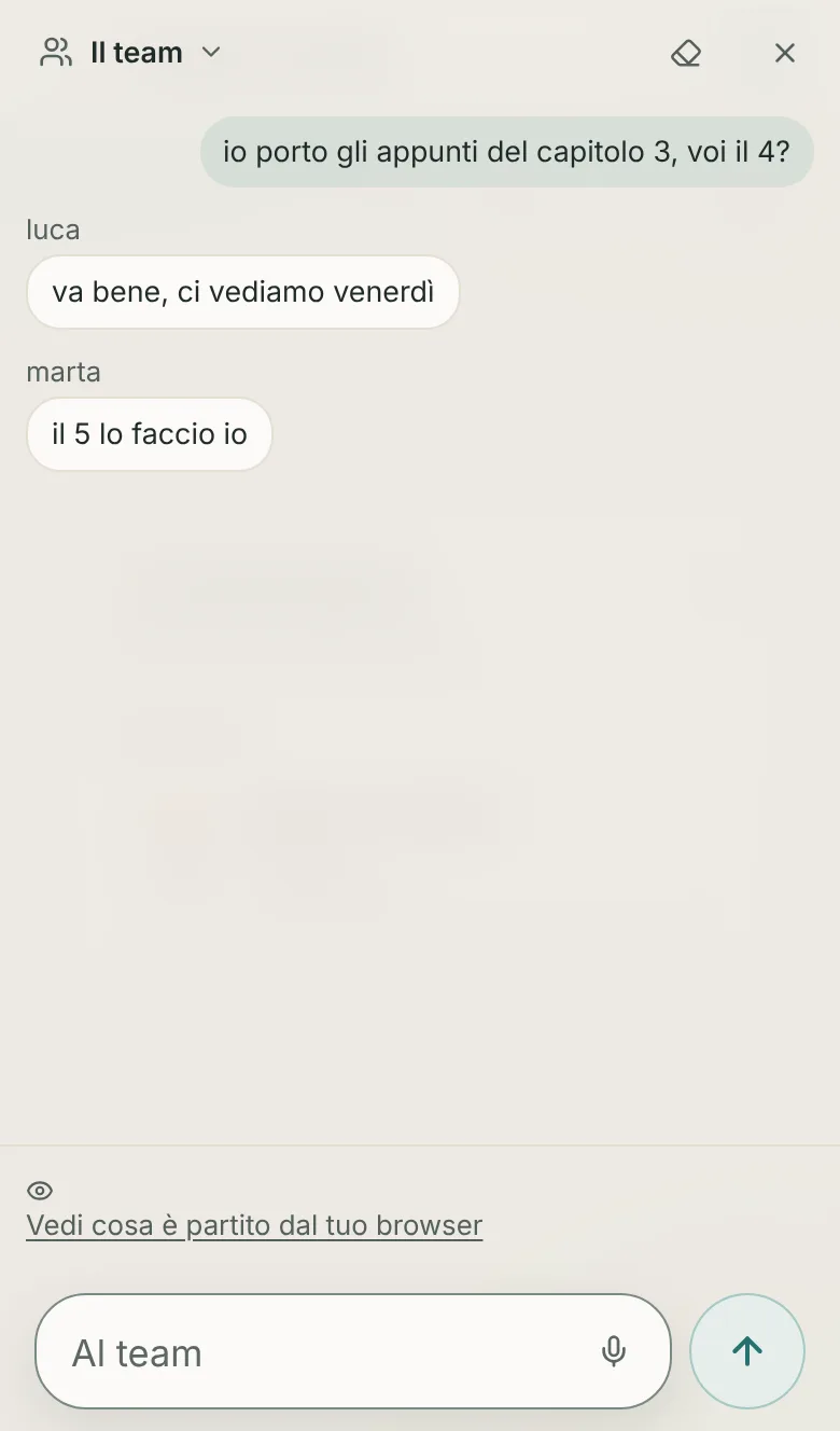 La chat aperta su «Il team»: il mio messaggio sugli appunti del capitolo 3 e le risposte di luca e di marta, senza Nivonda.