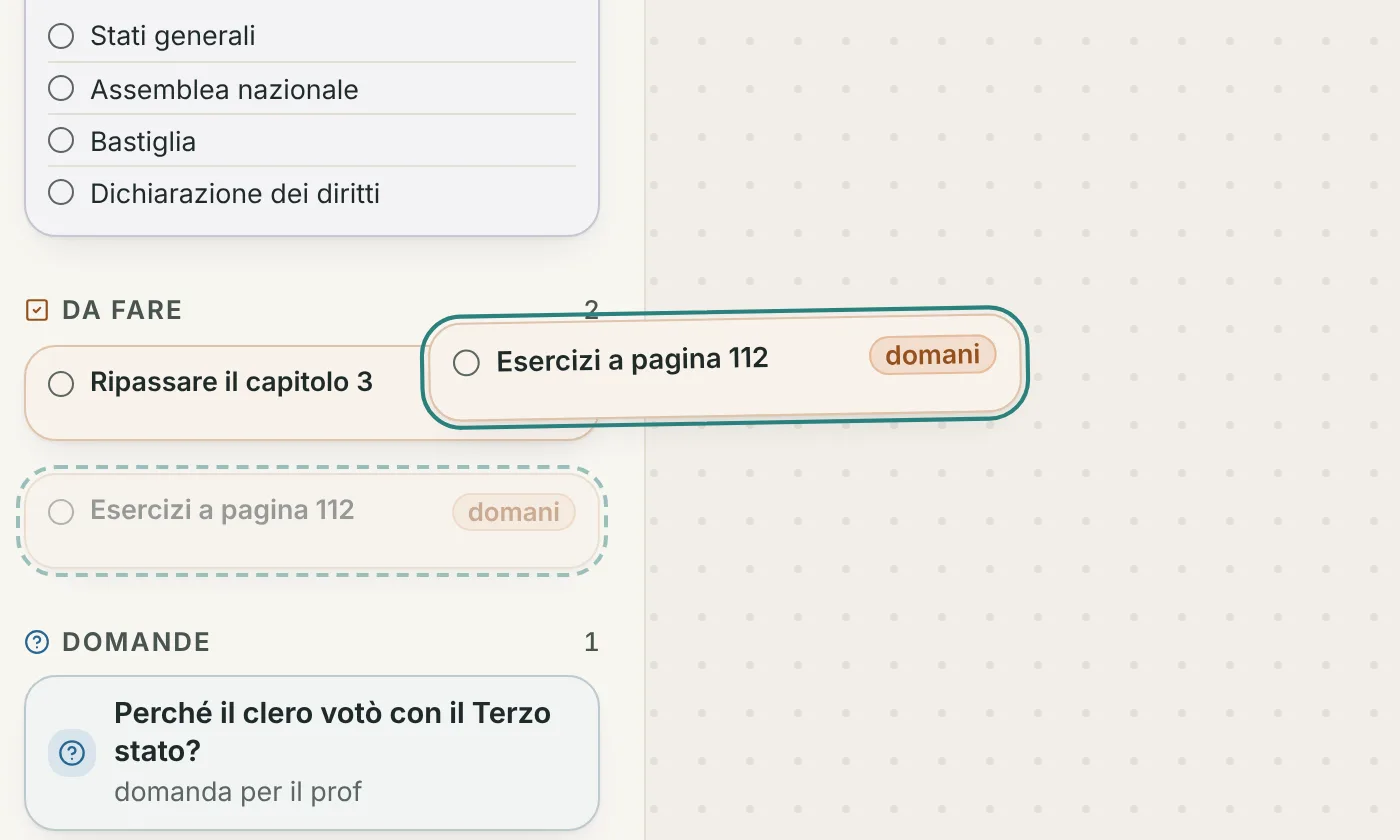 La carta «Esercizi a pagina 112» sollevata e inclinata sopra la lavagna, con il bordo verde acqua; sotto Da fare, al suo posto, resta un segno tratteggiato.