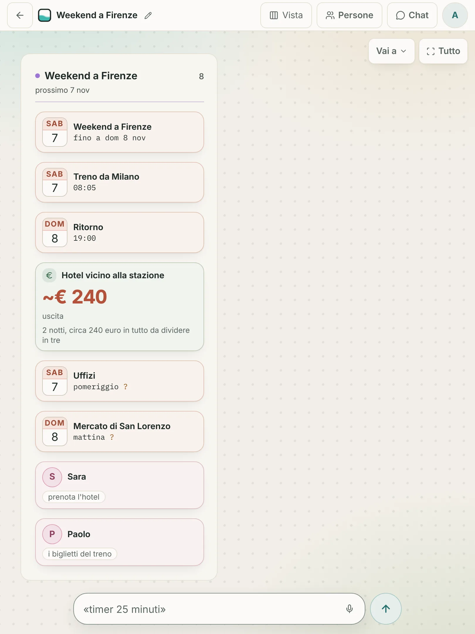 La stessa lavagna «Weekend a Firenze» su un tablet, con tutte le carte del weekend in una colonna.