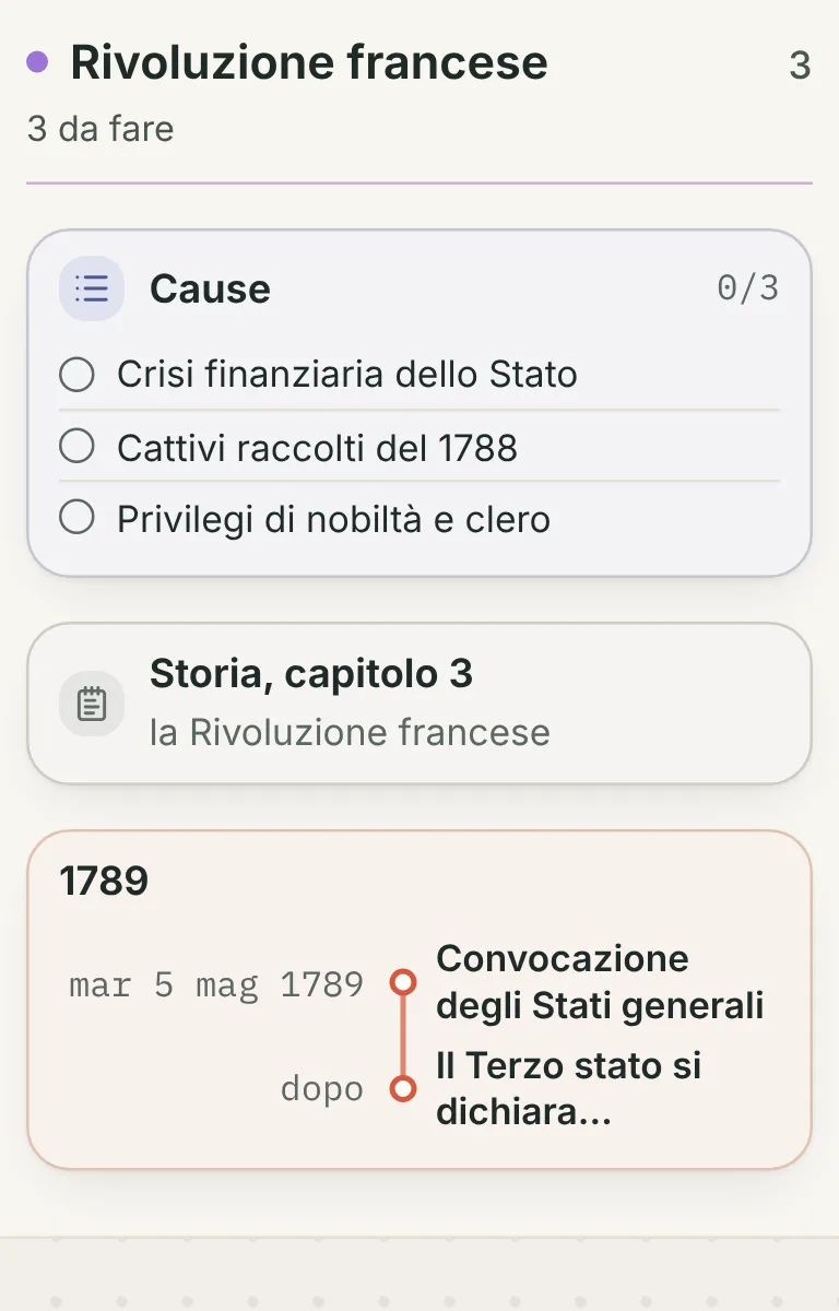 La zona Rivoluzione francese dopo la frase sul 1789: la lista delle cause, la nota del capitolo e la timeline «1789» appena nata, con la convocazione degli Stati generali di martedì 5 maggio e, dopo, «Il Terzo stato si dichiara…».