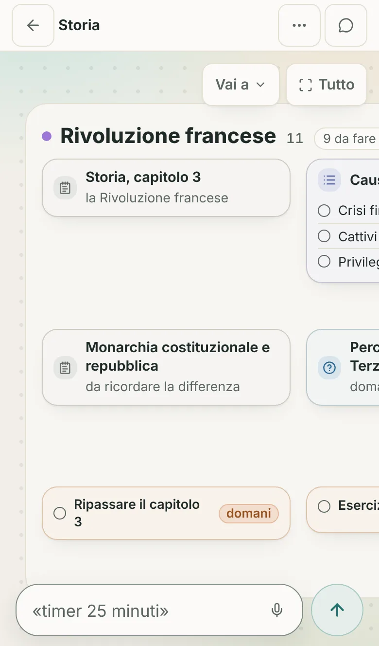 La stessa lavagna sul telefono, nella vista Classica: il riquadro della Rivoluzione francese, più largo dello schermo, con le carte in righe.