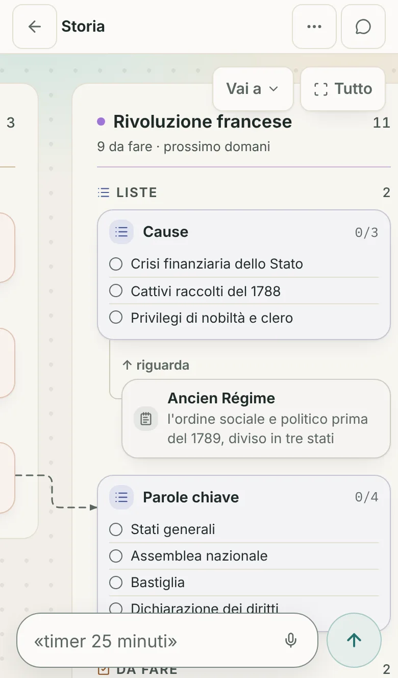 La lavagna «Storia» sul telefono, nella vista Colonne: la colonna della Rivoluzione francese, con la lista delle cause e, rientrato sotto, l’Ancien Régime che la riguarda.